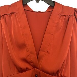 Womens Orange‎ Satin V-Neck Long Sleeve XL Quality Blouse Black Buttons Elastic